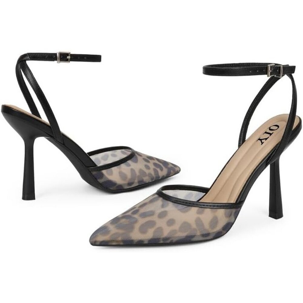 Close Toe Ankle Strap Women Leopad Heel Pointed Toe Stiletto Pumps Wedding Shoes - Picture 3 of 7